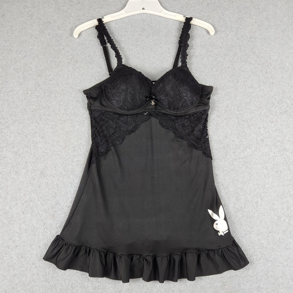 Playboy Intimates Lace Babydoll Sleep Dress Womens Medium Black Ruffle Lingerie